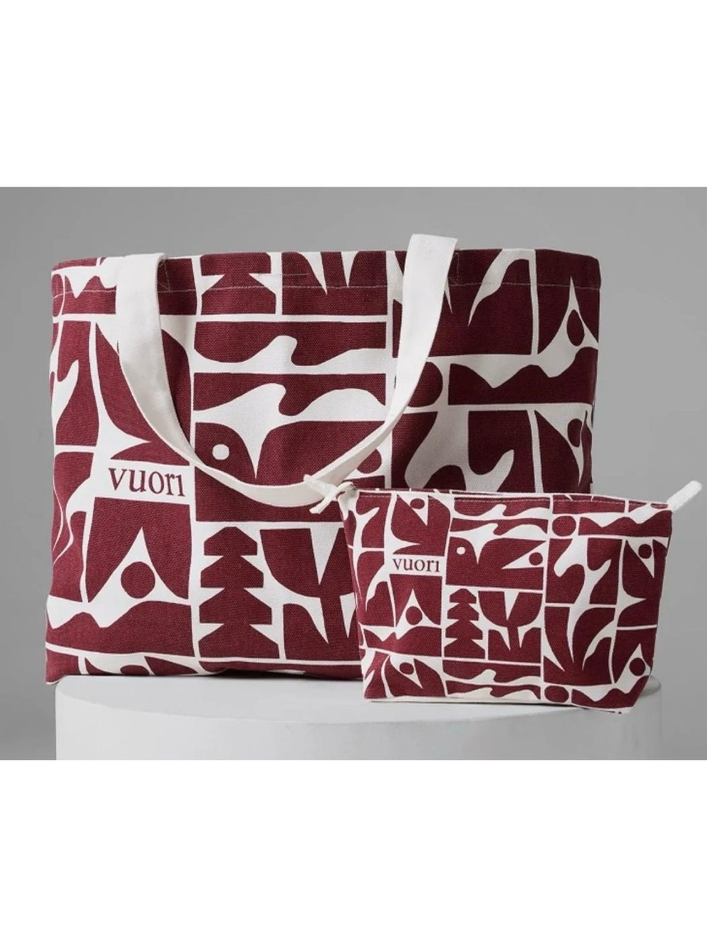 Vuori Maroon and White Patterned Canvas Tote with Matching Pouch